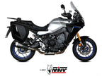 Escape completo Mivv Delta Race negro montado en Yamaha Tracer 9 con terminal hexagonal de carbono