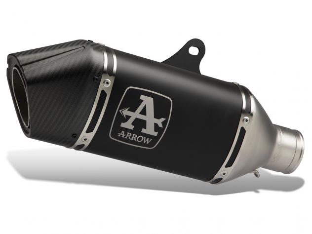Escape Arrow Fast Racing aluminio negro montado en Triumph Trident 660 2025 vista lateral