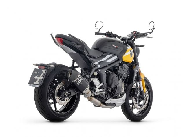 Vista lateral sistema Arrow Fast aluminio negro Triumph Trident 2025