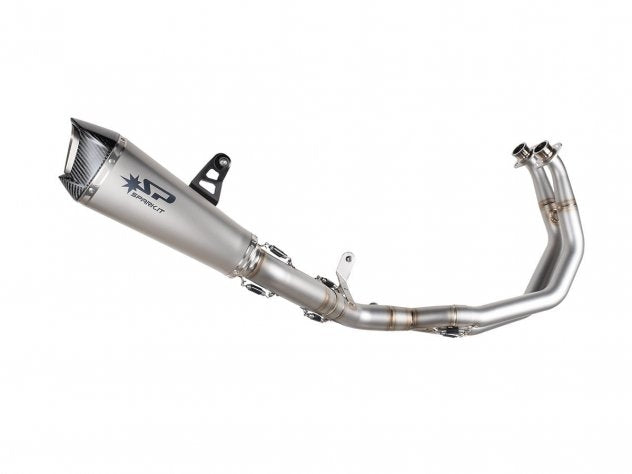 Escape completo Spark Konix Evo titanio montado en Yamaha R7 con fondo de fibra de carbono
