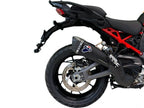 Detalle acabado titanio negro mate y fondo doble carbono real escape Termignoni Multistrada V4 con paracalor cerámico