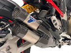 Escape completo titanio Termignoni con UPMAP instalado en Ducati Multistrada V4 mostrando silenciadores dobles y bases carbono
