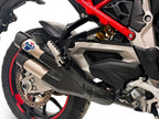Detalle construcción titanio aeroespacial y carcasa carbono escape Termignoni Multistrada V4 con logo racing