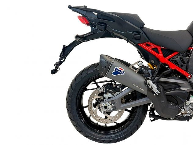 Detalle construcción híbrida titanio-carbono escape Termignoni Multistrada V4 2025