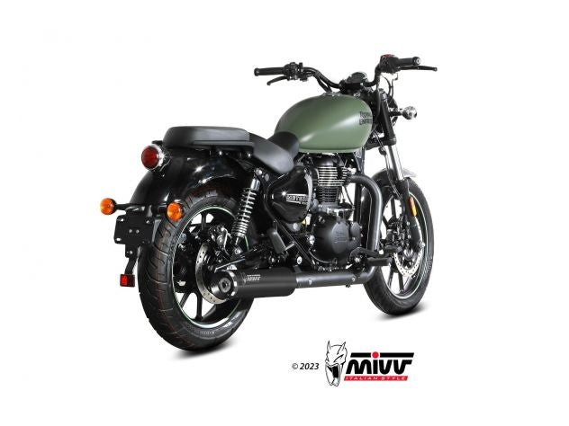 Vista lateral escape Mivv HR-1 instalado en Royal Enfield Meteor 350 2023