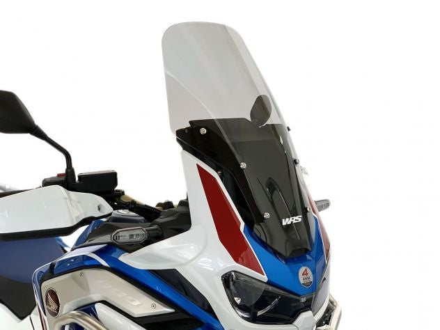 Vista lateral de parabrisas WRS HO025F en Africa Twin mostrando altura extendida